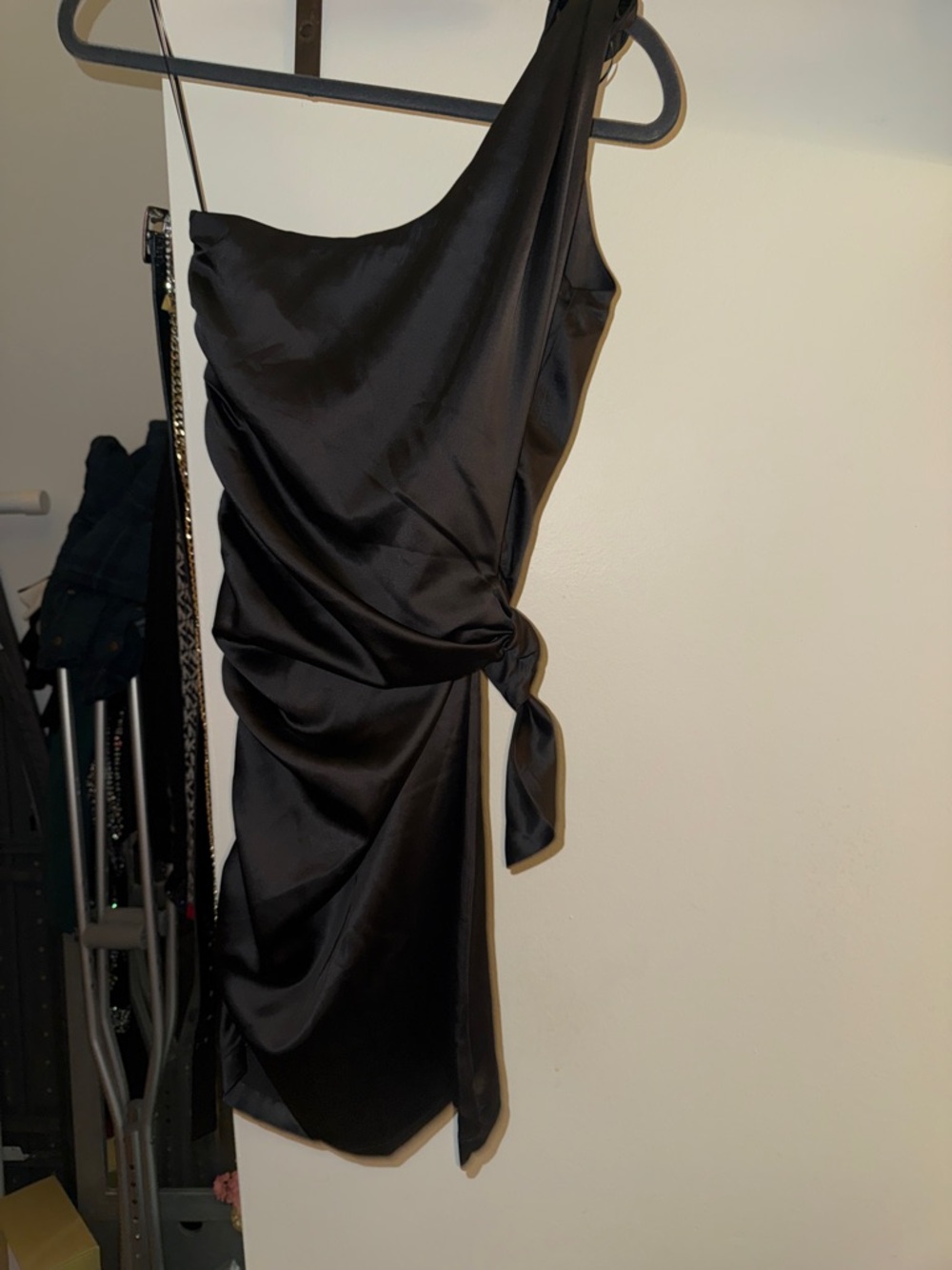 One-Shoulder Black Satin Dress with Side Knot